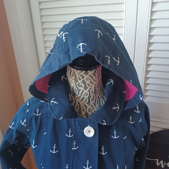 Hatley Nautical Fitted Navy Raincoat Trench Jacket with Anchor Print US 4 - Picture 2 of 12
